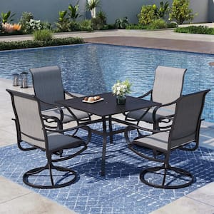 Black 5-Piece Metal Square Patio Outdoor Dining Set with Slat Table and Textilene Swivel Chairs