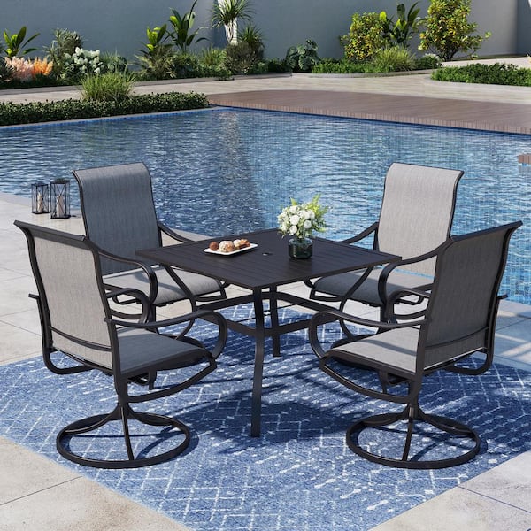 PHI VILLA Black 5-Piece Metal Square Patio Outdoor Dining Set with Slat Table and Textilene Swivel Chairs