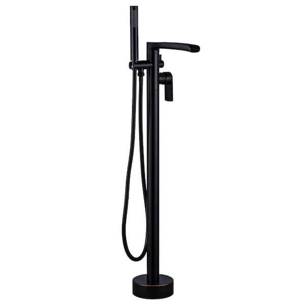 Brass Freestanding Waterfall Tub Faucet with Single Handle and Hand Shower in Oil Rubbed Bronze