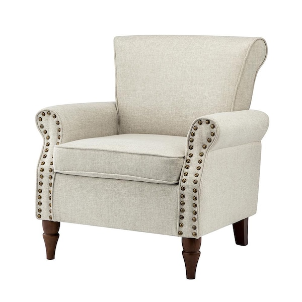 JAYDEN CREATION Cythnus Traditional Oatmeal Nailhead Trim Upholstered Accent Armchair with Wood Legs