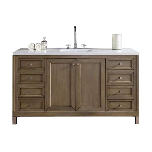 James Martin Vanities Chicago 60.0 in. W x 23.5 in. D x 33.8 in. H Bathroom Vanity in Whitewashed Walnut with White Zeus Quartz Top