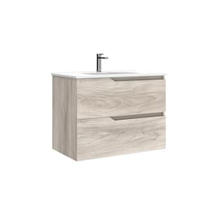 Menta 32 in. W x 18.1 in. D x 23.8 in. H Single Sink Wall Mounted Bath Vanity in Grey Pine with White Ceramic Top