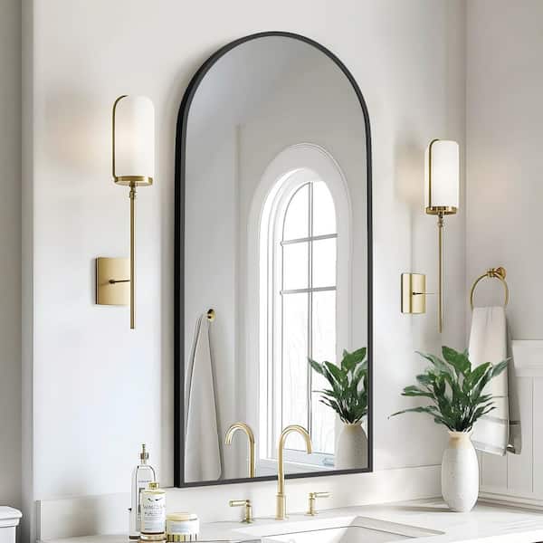 2-Piece Black 21.45 in. W x 46.8 in. H Aluminum Alloy Thin Edge Right Angled Arch Frame Wall Mirror