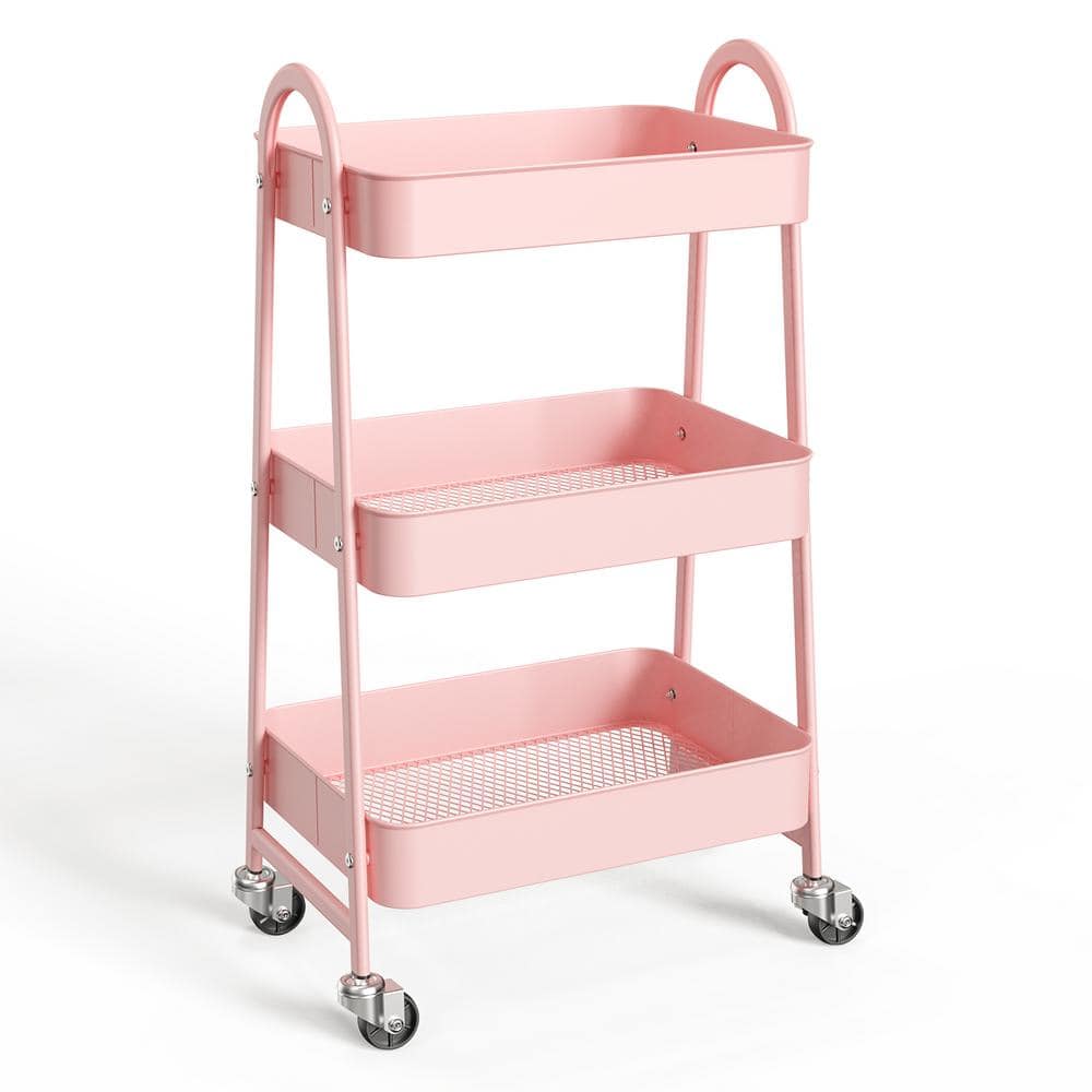 Pink 3-Tier Metal Rolling Kitchen Storage Cart with Wheels