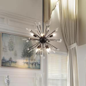 26.77 in. 8-Light Black Sputnik Pendant Dimmable Chandelier with Crystal Accents