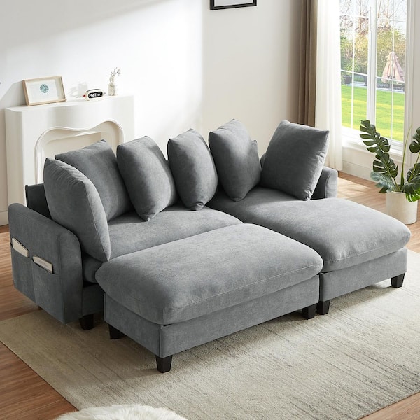 83 in. Chenille L-Shaped Sectional Sofa in Gray with Storage Ottoman and Seats, 6-Throw Pillows