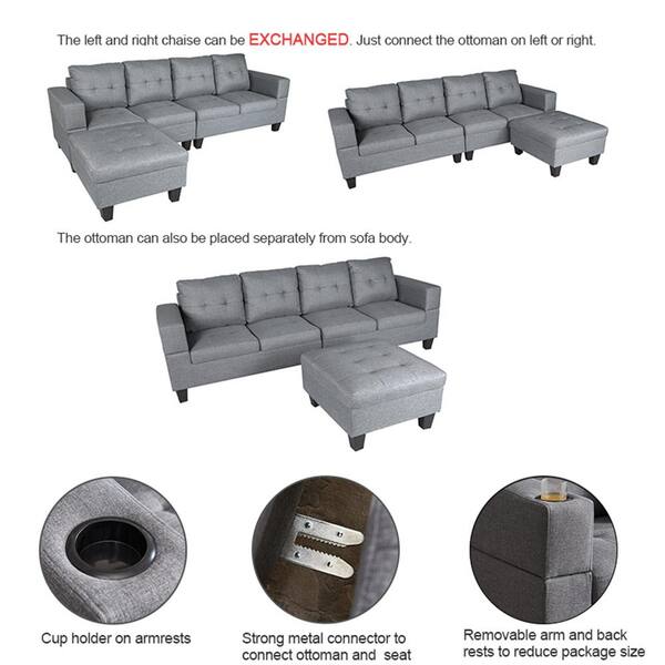 Merax 3 Piece Sectional Sofa With Chaise And Ottoman Grey Baci Living