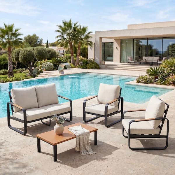 LANTINE 4-Piece Patio Conversation Set with Beige Cushions Sturdy Metal ...