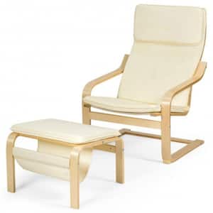 Wooden Outdoor Lounge Chair and Ottoman with White Cushion