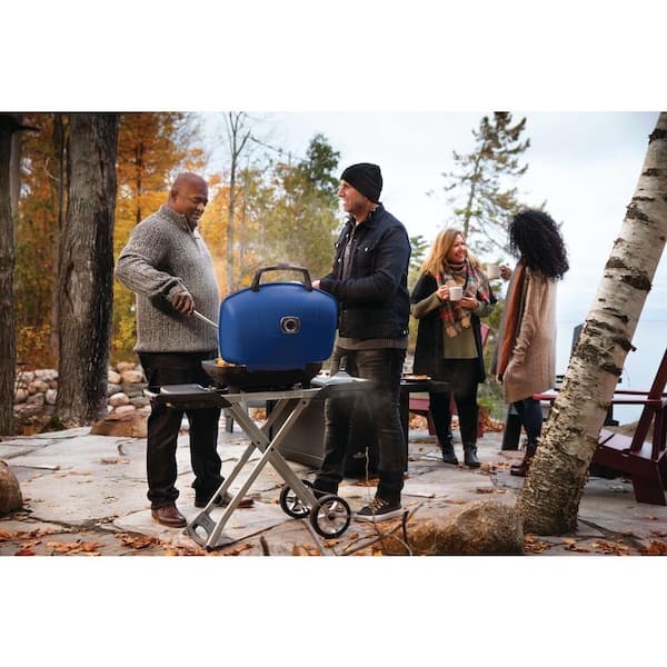TravelQ 285X 1 Burner Portable Propane Gas Grill in Blue with Scissor Cart