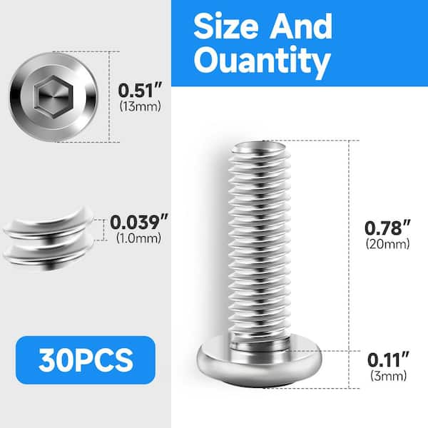 M6 x 20 mm Stainless Steel Hex Button Head Socket Screw (30-Pack)