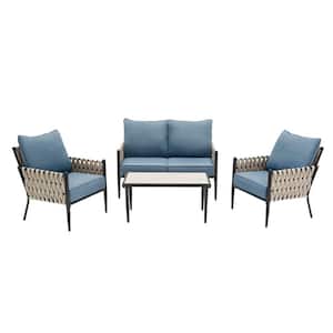 Dockview 4-Piece Metal Outdoor Patio Conversation Set with CushionGuard Blue Cushions