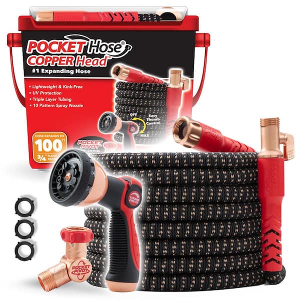 Copper Head 3/4 in x 100 ft. w/New Pocket Pivot Expandable Garden Hose, Swivels 360°, 3X Stronger, Lead-Free, No-Kink