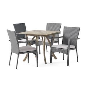 Ferris Gray 5-Piece Wood and Faux Rattan Outdoor Dining Set with Gray Cushions