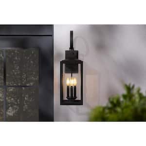 Havenridge 3-Light Matte Black Hardwired Outdoor Wall Lantern Sconce with Clear Seeded Glass (1-Pack)