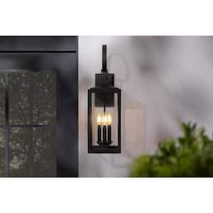 Havenridge 23.2 in. 3-Light Matte Black Hardwired Outdoor Wall Light Lantern Sconce with Clear Seeded Glass (1-Pack)