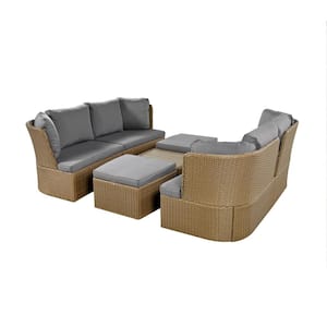 5-Piece Brown Wicker Outdoor Patio Conversation Set with Storage Ottoman and Gray Cushions for Backyard, Porch