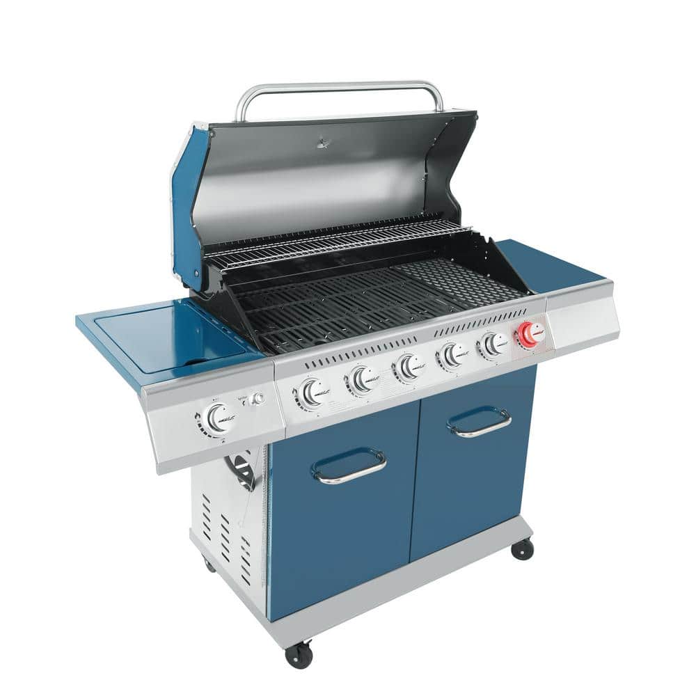 Blue 6-Burner Propane Gas Grill with Side Burner
