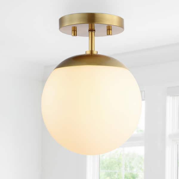 Marcel Bistro 7.75 in. 1-Light Brass Gold Bohemian Farmhouse Iron/Frosted Glass LED Semi Flush Mount, White