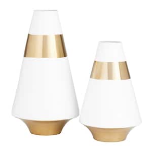 8 in., 7 in. White Metal Decorative Vase with Gold Band (Set of 2)