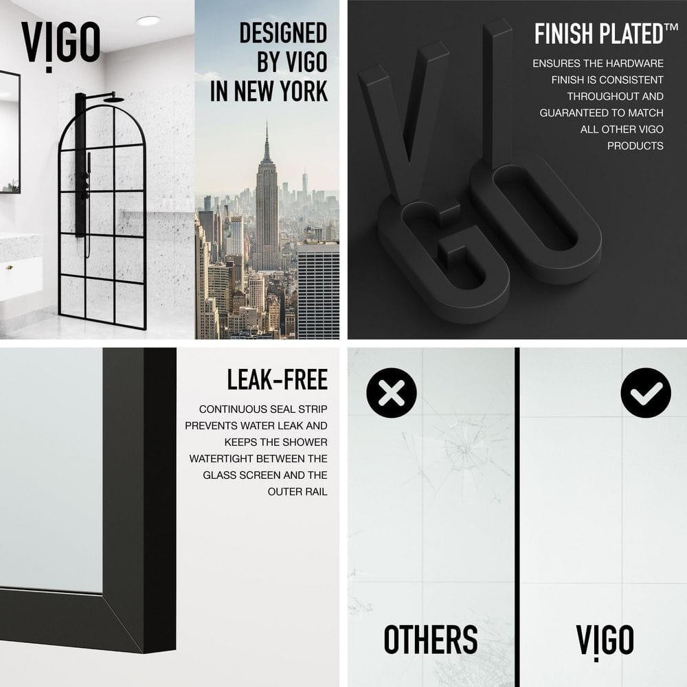 Arden 34" W x 78" H Matte Black Framed Shower Screen with Clear Grid Glass