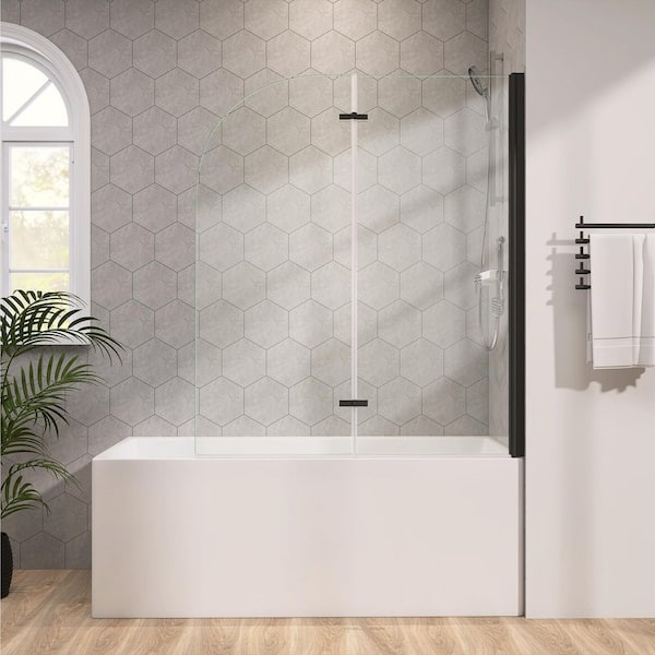 Getpro 48 in. W x 58 in. H Pivot Hinged Frameless Bathtub Shower Door Bi Fold Tub Door in Matte Black with 1/4 in. Clear Glass