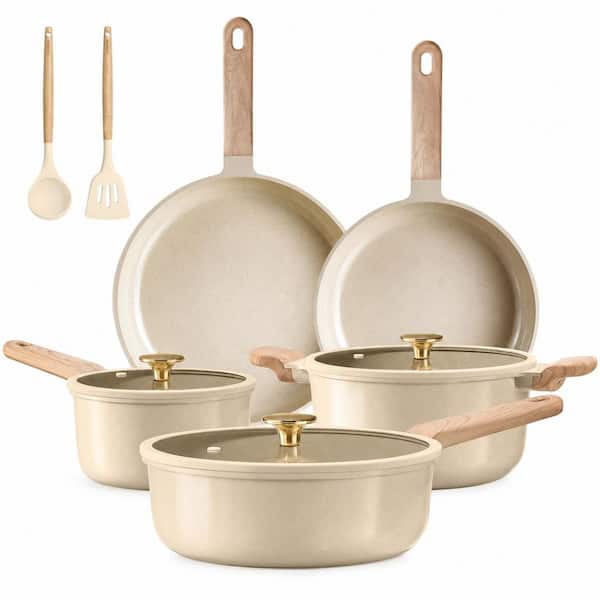 14 Piece Aluminum Nonstick Cookware Set in Oatmeal, Durable Aluminum Construction, PFAS and PFOA Free, Easy Clean