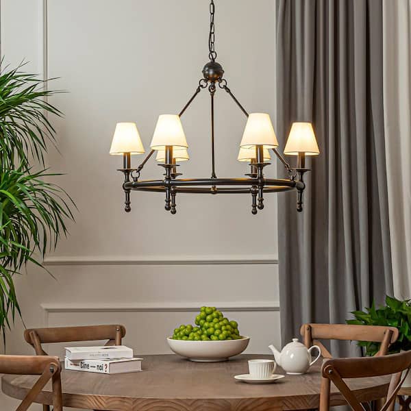 ALOA DECOR W34 in 6-Light Vintage Elegant Matte Black Chandelier Classic Lighting with White Fabric Lamp Shade for Dining Room