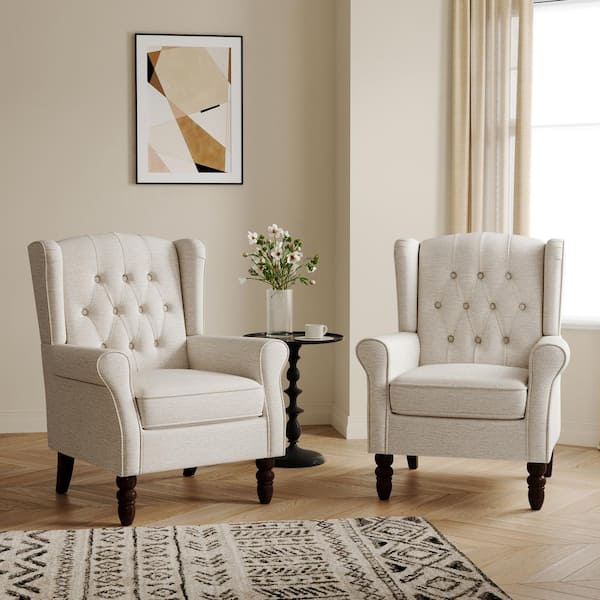 Beige Linen Button Tufted Design Accent Arm Chair (Set of 2)