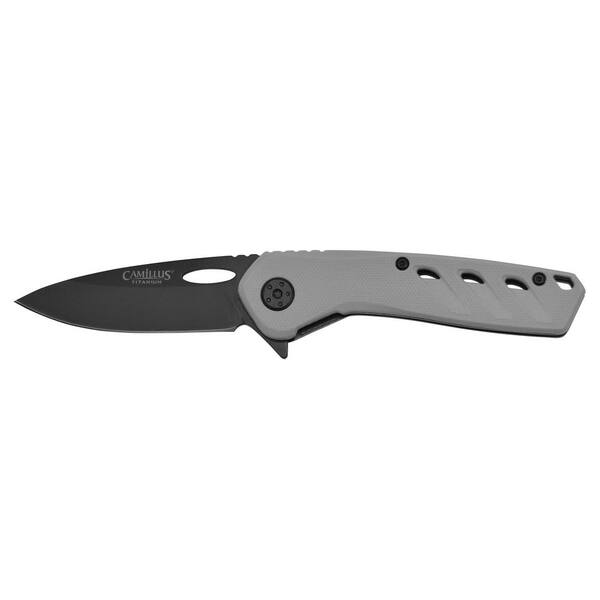 Camillus Slot 2.75 in. Carbonitride Titanium Drop Point Straight Edge Folding Knife with Quick Lauch Bearing System, Gray Handle