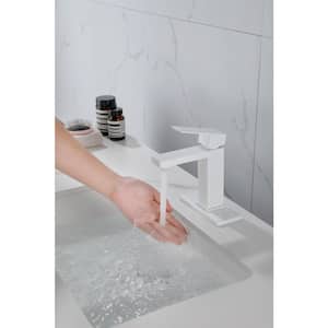 Modern Single Handle Single Hole Bathroom Faucet with Deckplate Included, Hot/Cold Indicator, Stainless Steel in White