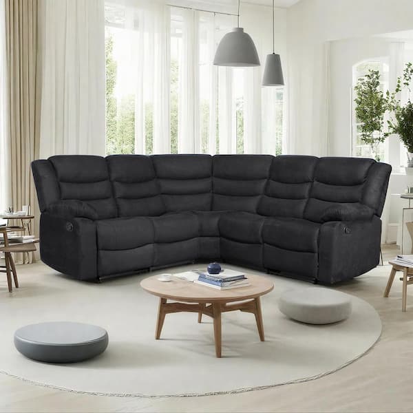 Ellesophas Luna 93 in. in 5 Seater Fabric Manual Recliner Sectional Sofa with Drop-Down Table and Cup Holders in Black