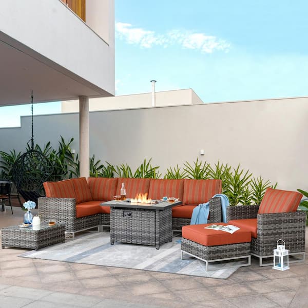 HOOOWOOO Mille Lacs Grey 9-Piece Wicker Outdoor Patio Fire Pit Conversation Sectional Sofa Set with Striped Orange Red Cushions