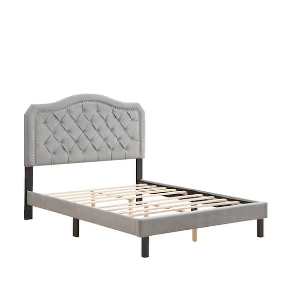 Donason Gray Velvet Upholstered Queen Bed Button Tufted with Curve Design, Platform Bed