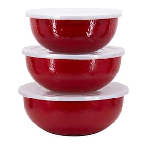 Solid Red 3-Piece Enamelware Mixing Bowl Set with Lids