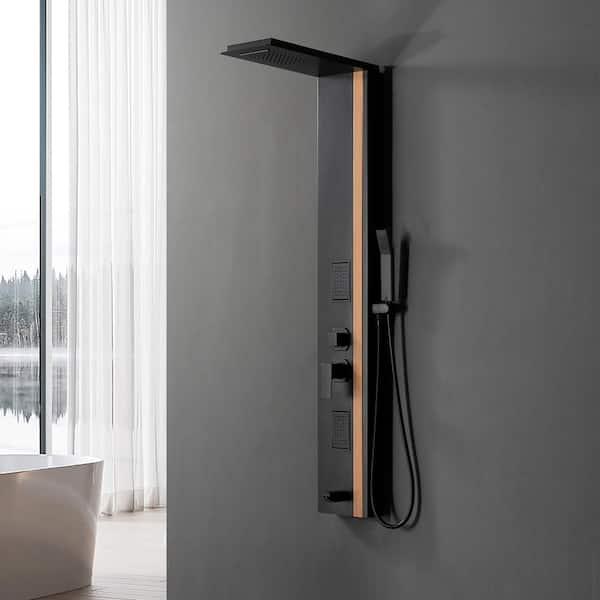 Dual 4-in-1 2-Jet Rainfall Shower Panel System with Rainfall Waterfall Shower Head and Shower Wand in Black Bamboo
