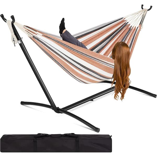Unbranded 9 ft. 2-Person Double Hammock with Stand Set with Patio with Carrying Bag, Outdoor Brazilian-Style ( Desert Stripes）