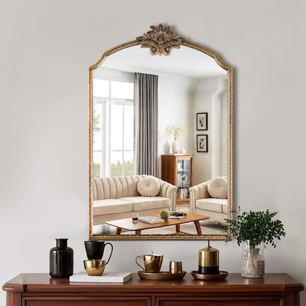Elevatehome 20 in. W x 30 in. H Arched Framed Wall Bathroom Vanity Mirror in Antique Gold Carved Finshed