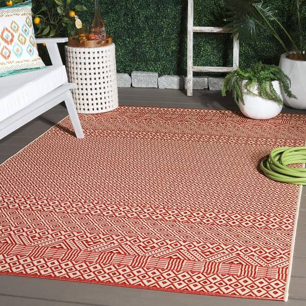 Courtyard Beige/Red 3 ft. x 5 ft. Tribal Striped Diamonds Indoor/Outdoor Area Rug