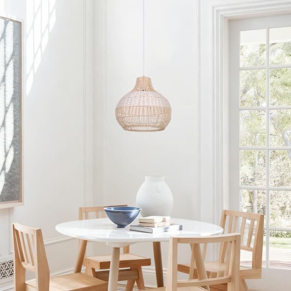1-Light Two-Tone Hand-Woven Open-Weave Rattan Pendant Light, White and Natural Basket Shape, No Bulbs Included 14 in.