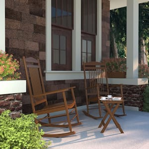 3-Piece Wood Outdoor Rocking Chairs with Curved Seat and High Backrest, Brown