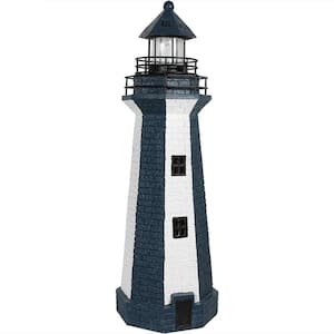 36 in. Blue Vertical Stripe Solar LED Lighthouse Garden Statue