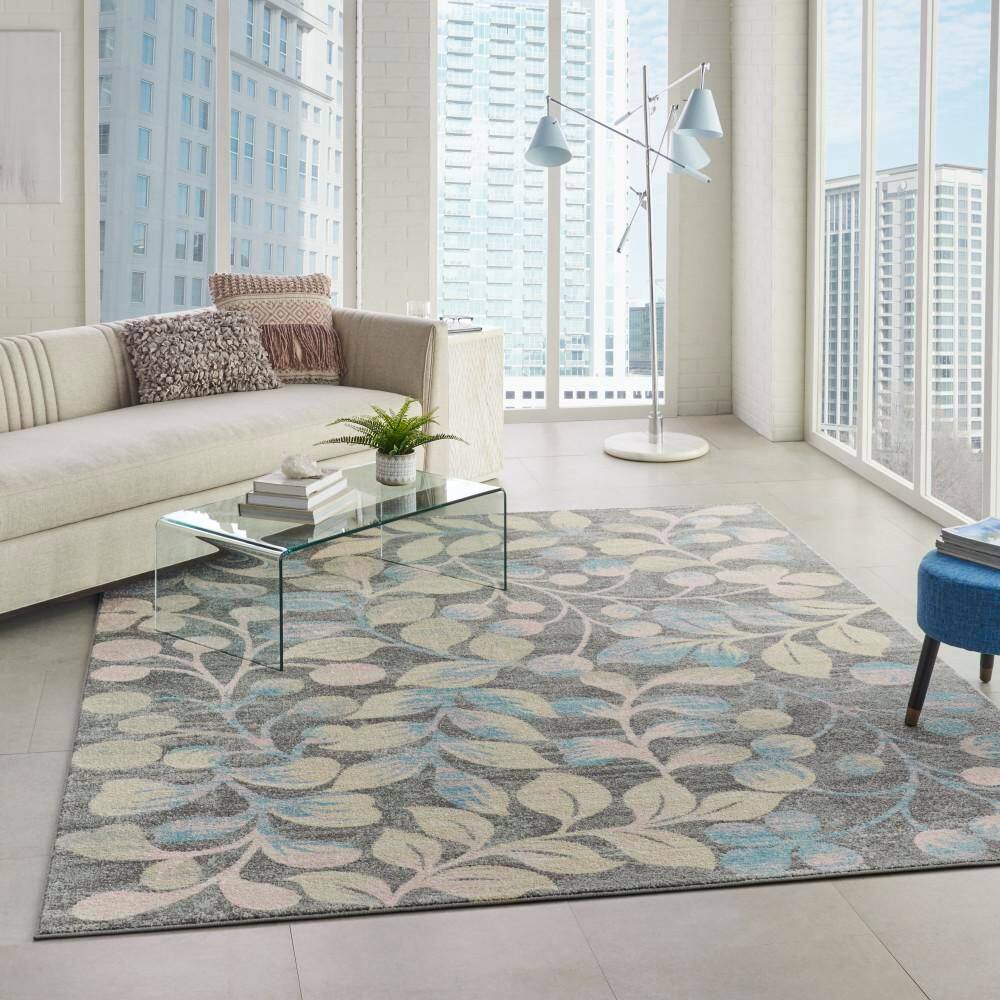 Grey and Beige Floral Synthetic 8' x 10' Area Rug