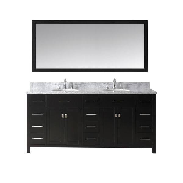 Virtu USA 72 in. Double Round Basin Vanity in Espresso with Marble Vanity Top in Italian Carrera White and Mirror-DISCONTINUED