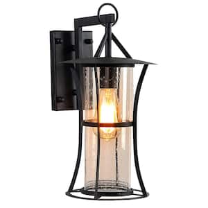 1-Light Matte Black Wall Sconce with Cylinder Bubble Glass Shade