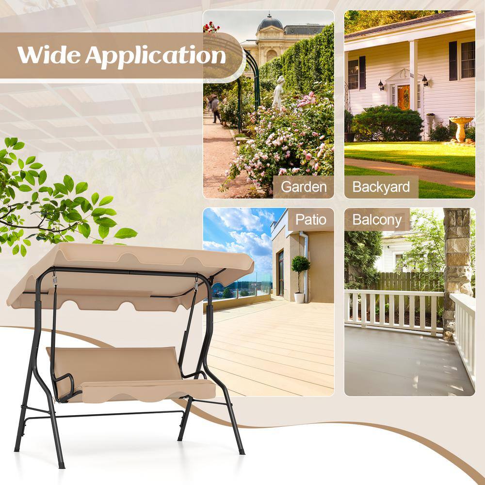 Beige Metal Frame Outdoor Patio Swing with Adjustable Canopy