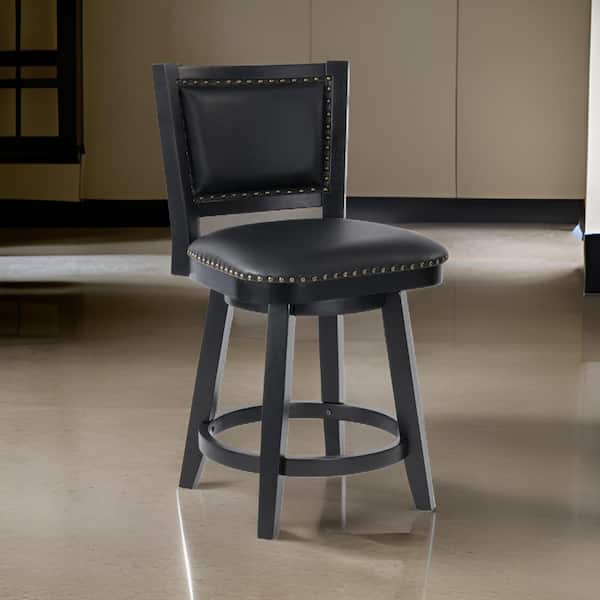 25.75 in. Black and Brass Low Back Wood Frame Bar Stool with Faux Leather Seat