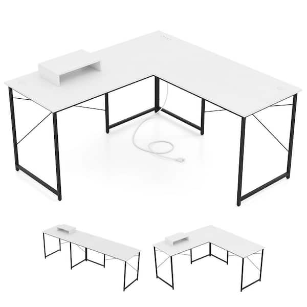 95 in. L-Shaped Reversible Computer Desk 2-Person Long Table Monitor Stand White