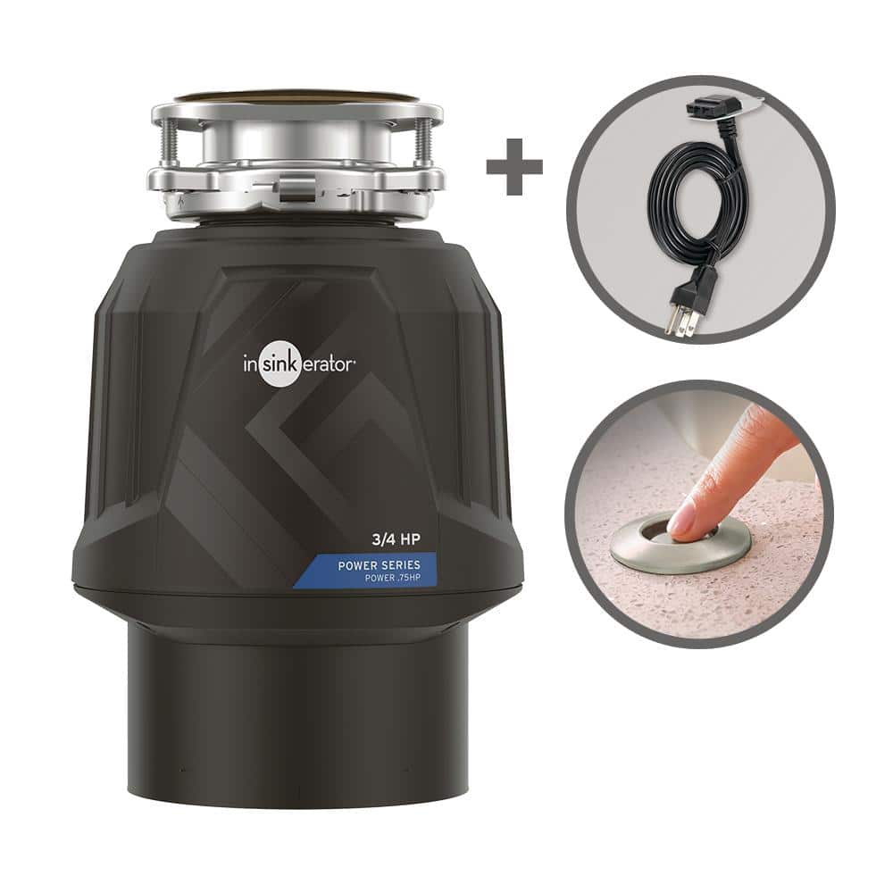 Power .75HP, 3/4 HP Garbage Disposal with EZ Connect Power Cord and Dual Outlet Switch in Satin Nickel