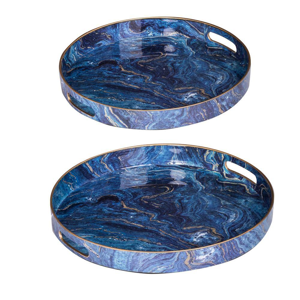 Marbled Blue Round Plastic Serving Trays with Cutout Handles (Set of 2)